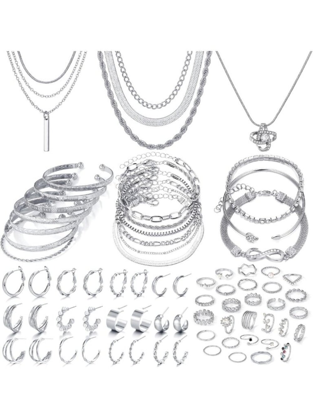 36 PCS Silver Plated Jewelry Set - Necklaces, Bracelets, Ear Cuffs & Rings for